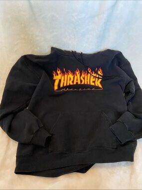 Thrasher Black Hoodie with Yellow and Orange Flame Logo